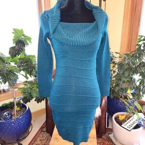 25090 Deep Teal Knit Cowl Sweater Body Con Dress by Becky